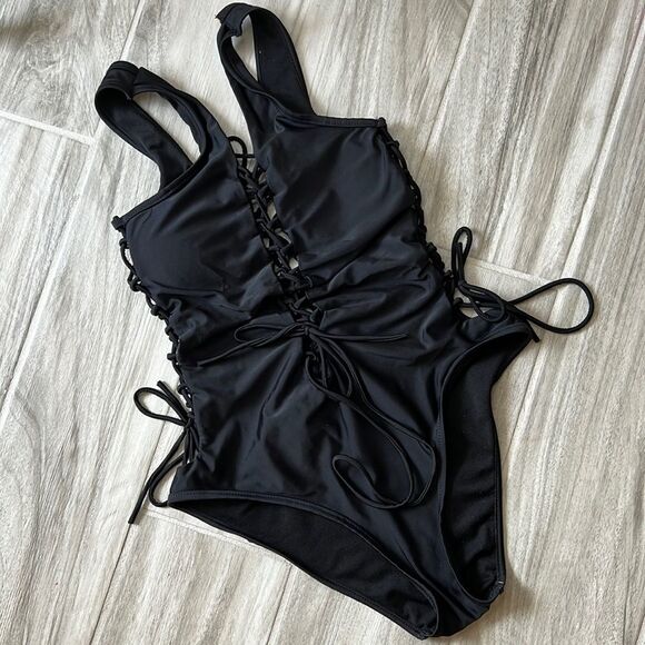 Sexi Lace Up Bkack One Piece Bikini Bathing Suit Small No Brand - Picture 1 of 3